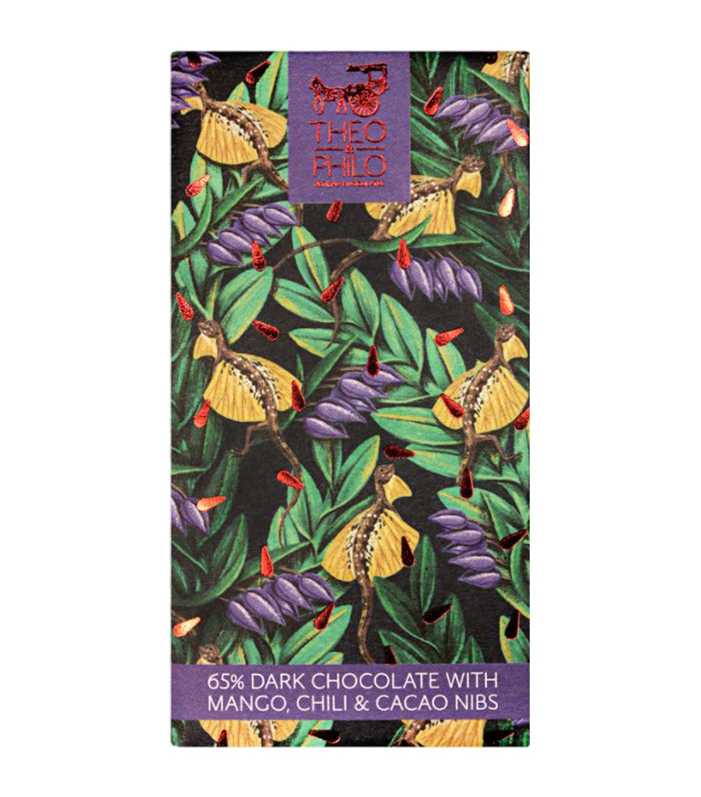 theo & philo 65% dark chocolate with mango, chili and cacao nibs bar