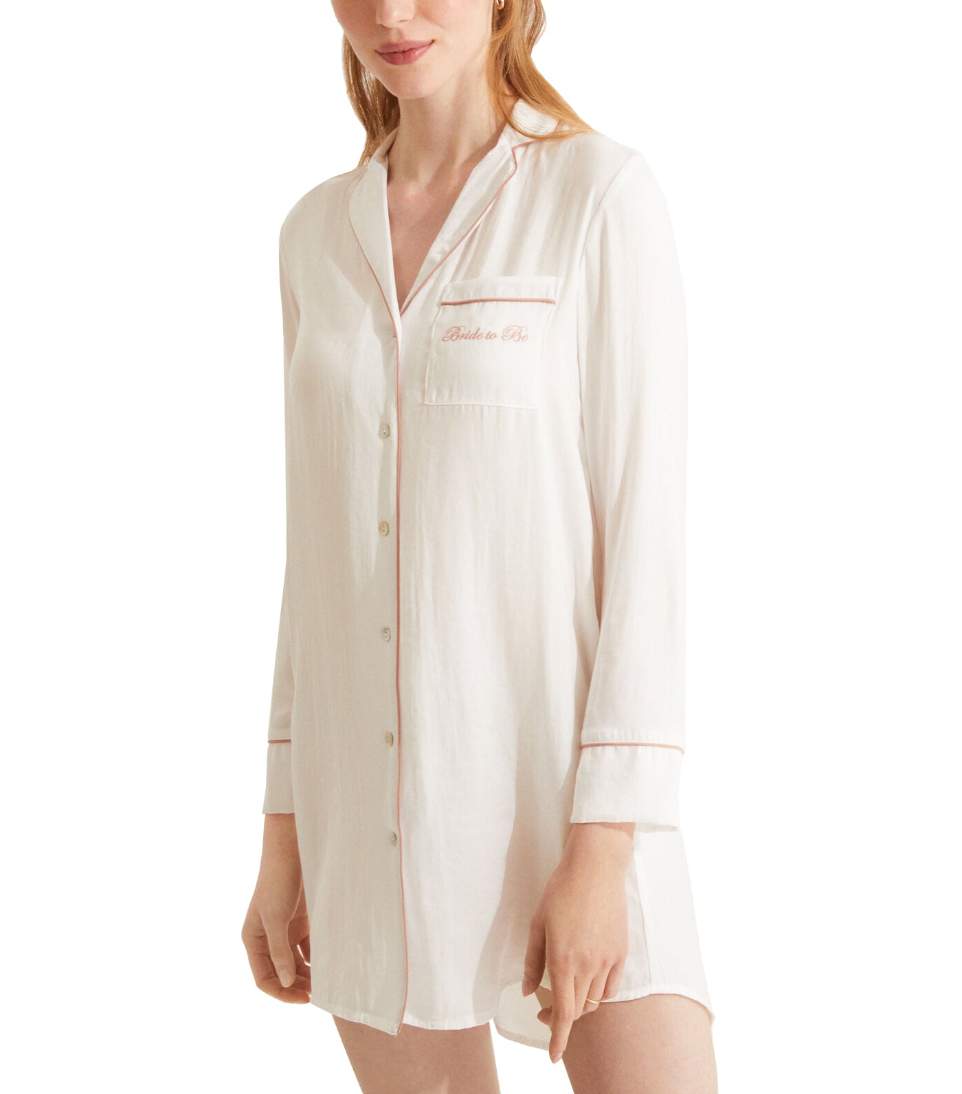 Embroidered Satin Long Sleeve Shirt Dress White