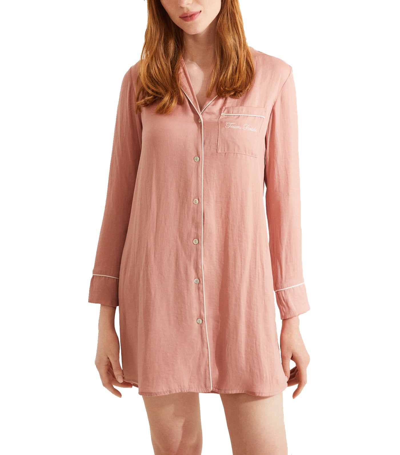Embroidered Satin Long Sleeve Shirt Dress Pink