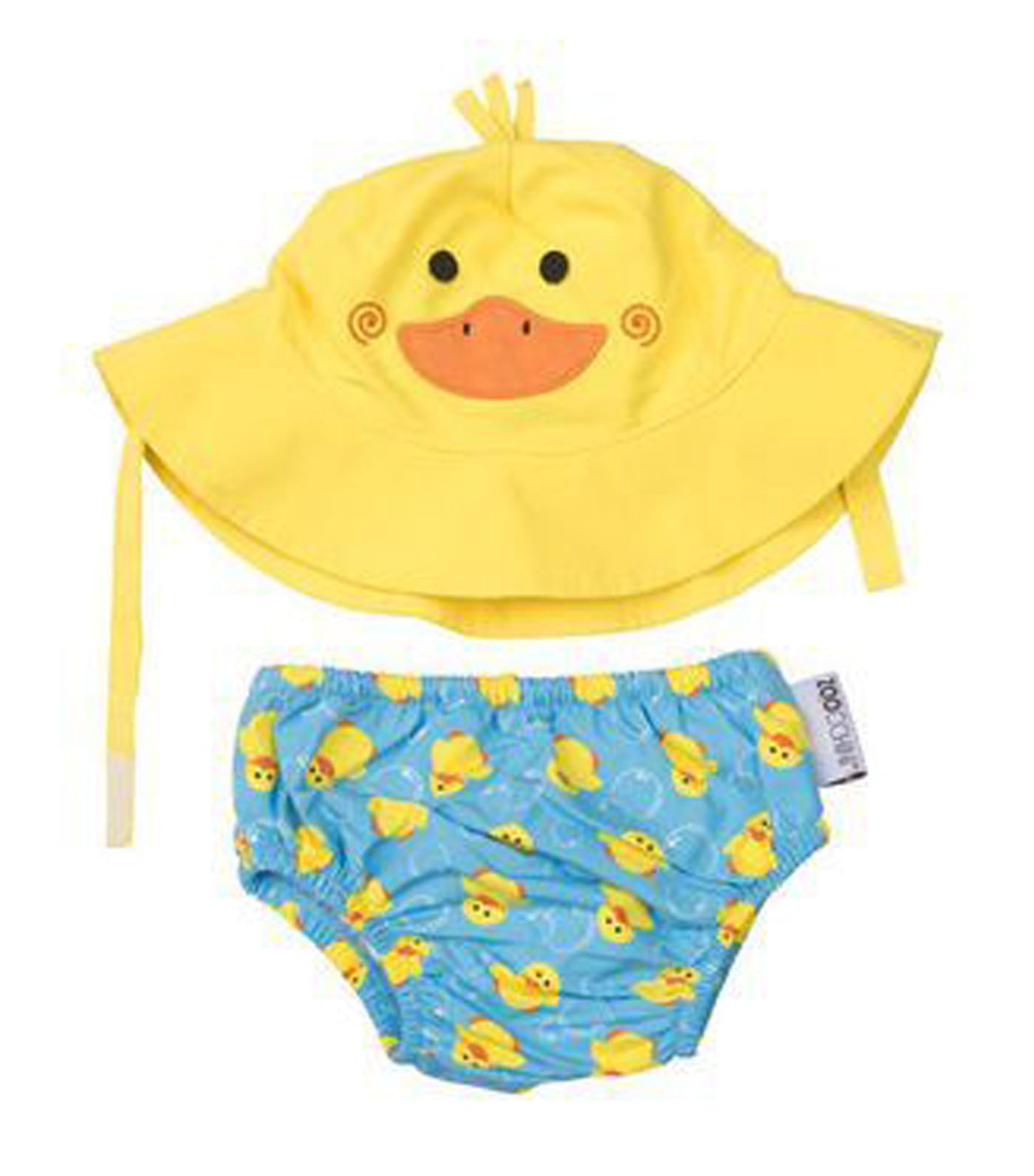 lulujo up50+ yellow and blue baby swim diaper and sun hat set - puddles the duck
