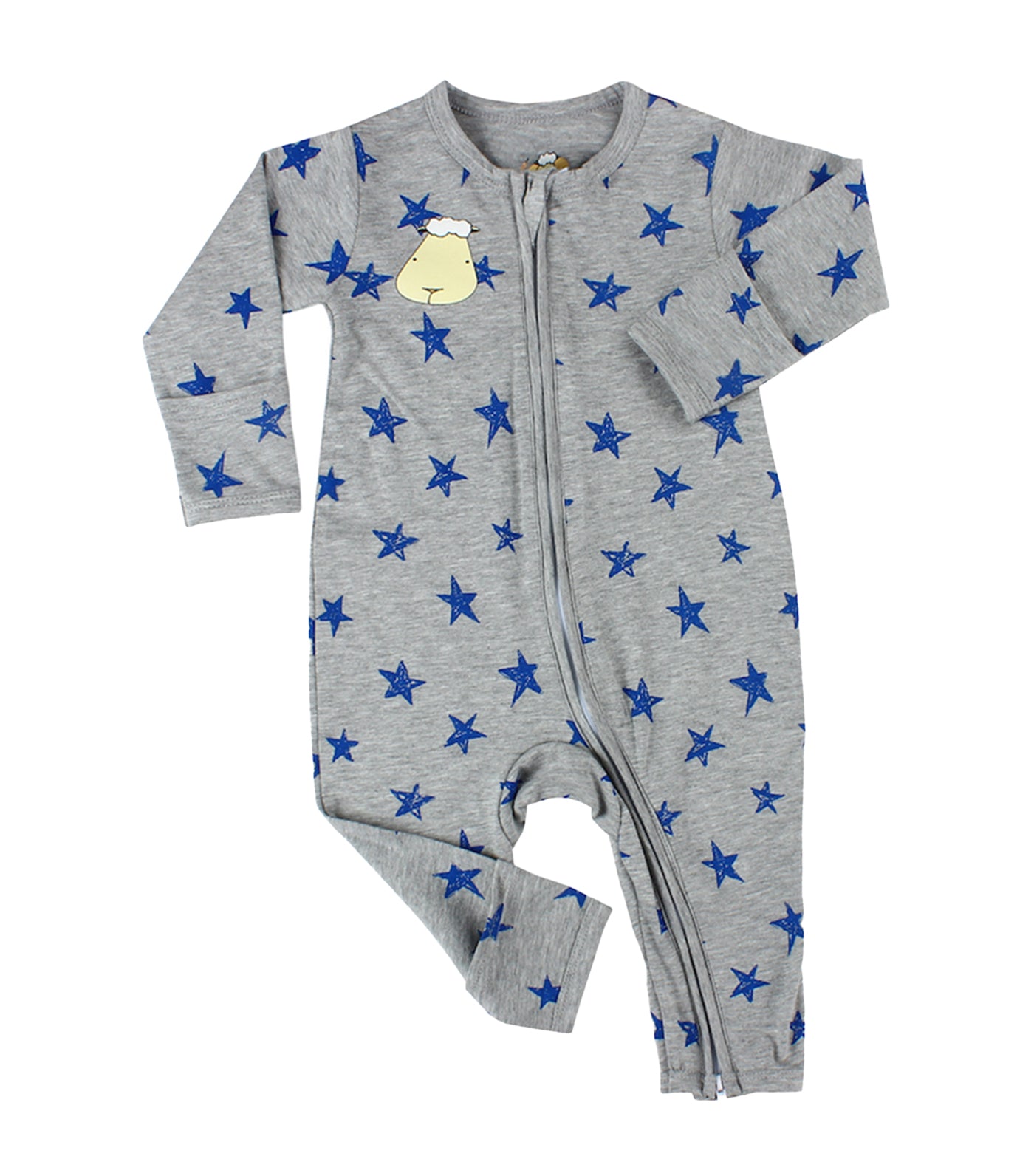 baa baa sheepz gray zip long sleeved romper - blue star 