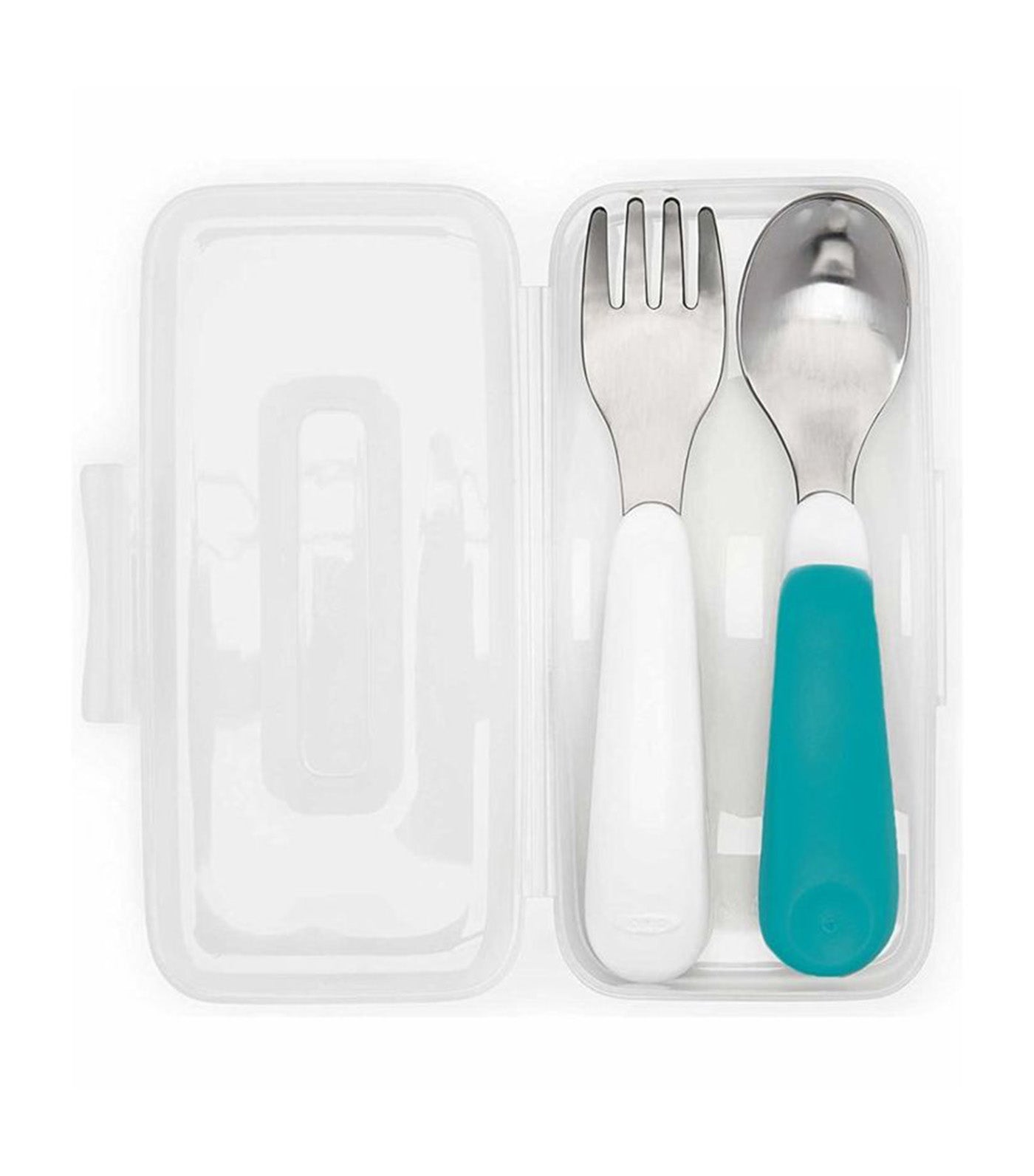 oxo tot teal on-the-go fork and spoon set with carrying case