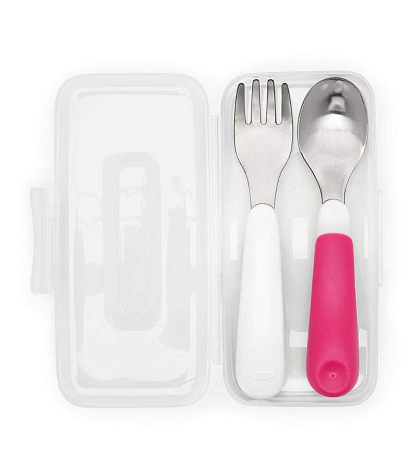oxo tot pink on-the-go fork and spoon set with carrying case