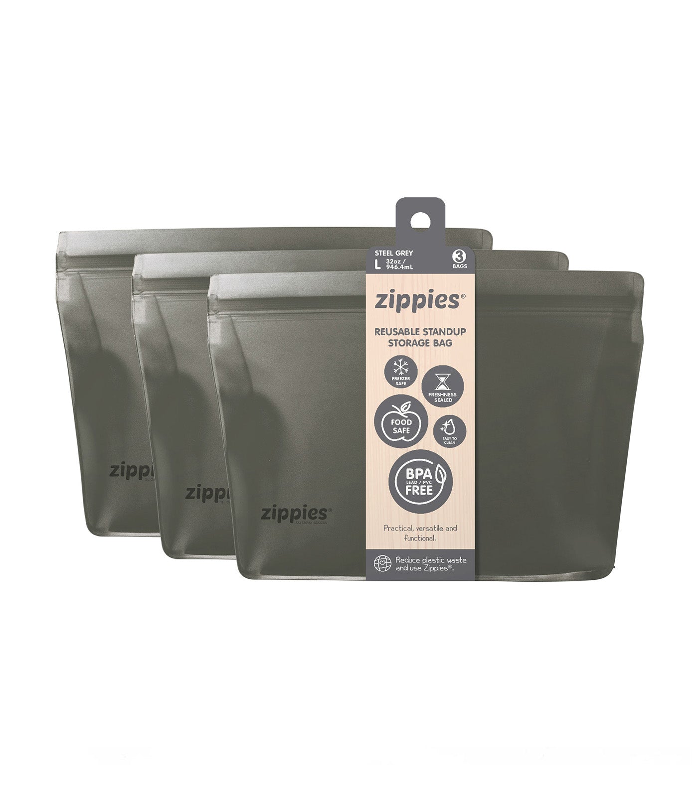 3-Piece Reusable Standup Storage Bags - Steel Grey